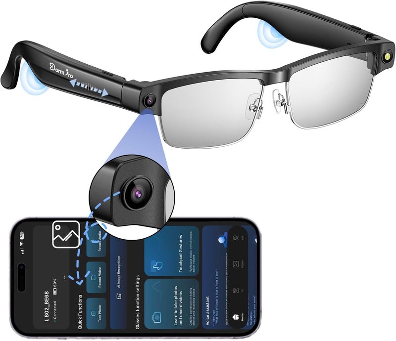 Dormiro Domiro Camera Glasses, Smart Glasses with Camera and Bluetooth for Men/Women 8MP 4K HD Video Recording Anti-Shake 32G Support Chart GPT,WiFi,AI Voice Assistant,Translate,Music - Image 1